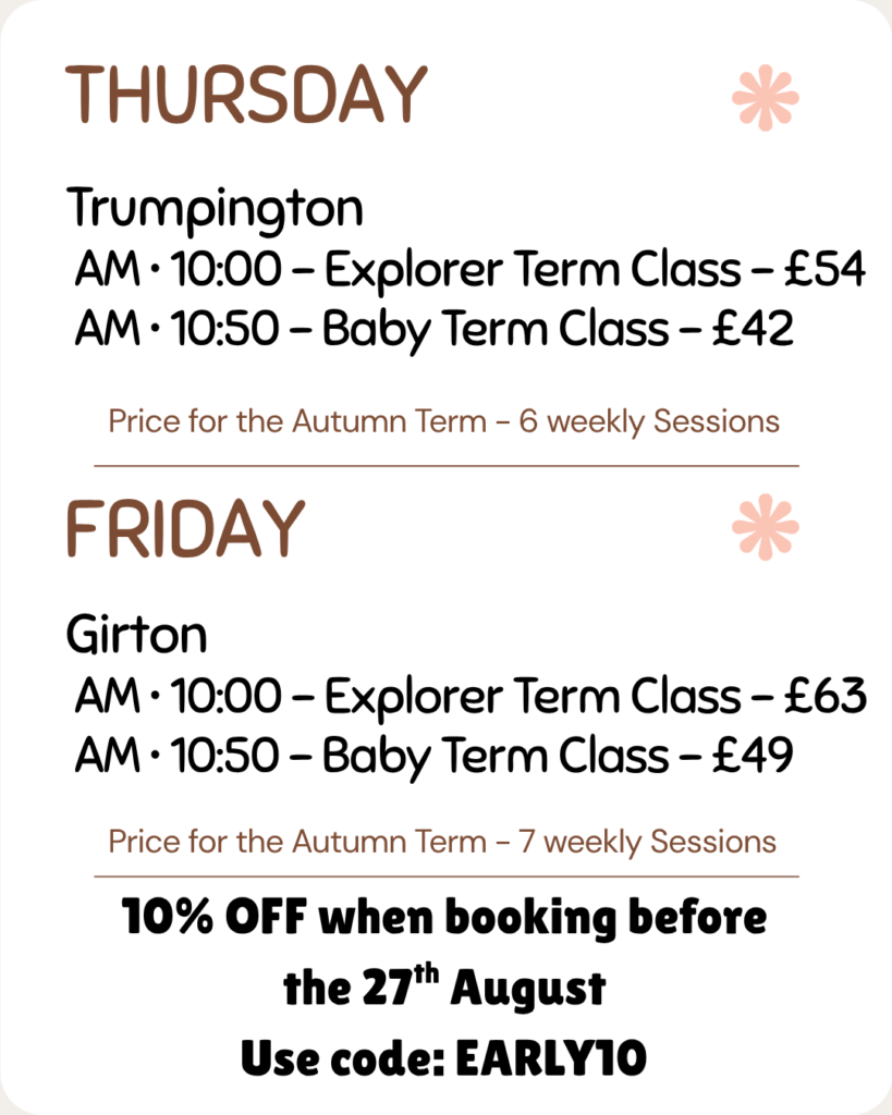 Timetable for Bright Moves Classes - Sensory play activity for babies in Trumpington, Girton and Cambridge.
Baby class on Thursday and Friday at 10:50am. Crawling baby class on Thursday and Friday at 10:00am. Price per single session £9, or £7 if booked for term time.