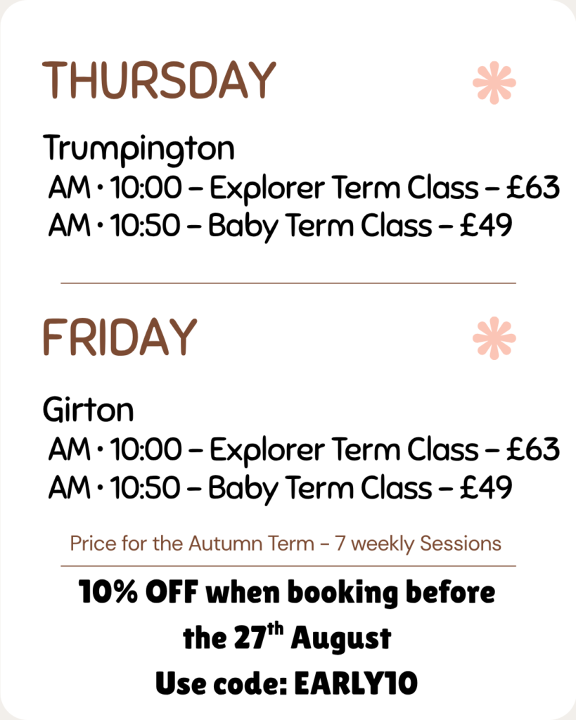 Timetable for Bright Moves Classes - Sensory play activity for babies in Trumpington, Girton and Cambridge.
Baby class on Thursday and Friday at 10:50am. Crawling baby class on Thursday and Friday at 10:00am. Term Time prices.